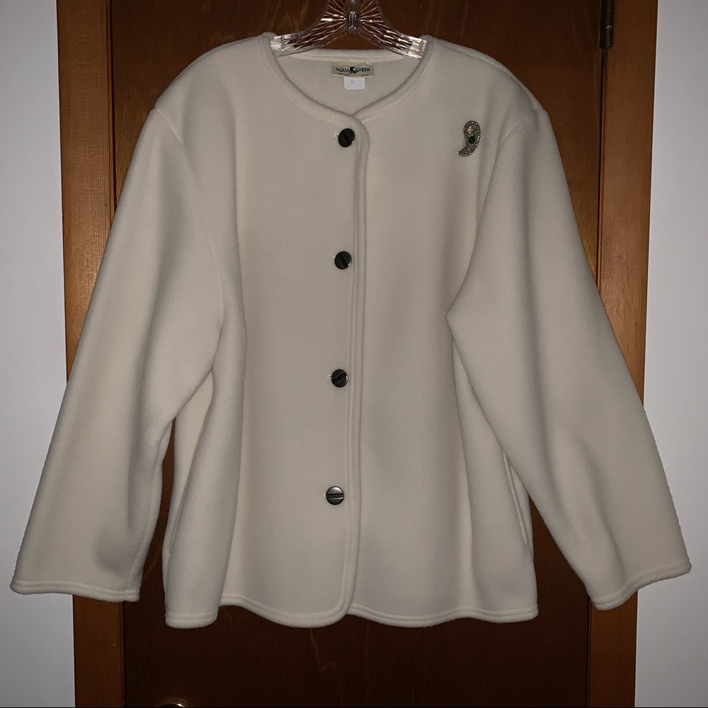 Women’s L VTG USA AQUA SHEEN Polar Fleece Light Cream Button Up Jacket EXC LN